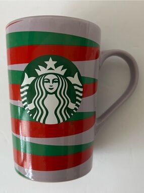 Starbucks Ceramic Mug Orchid w/ red/green stripes & logo on front 4.5" tall